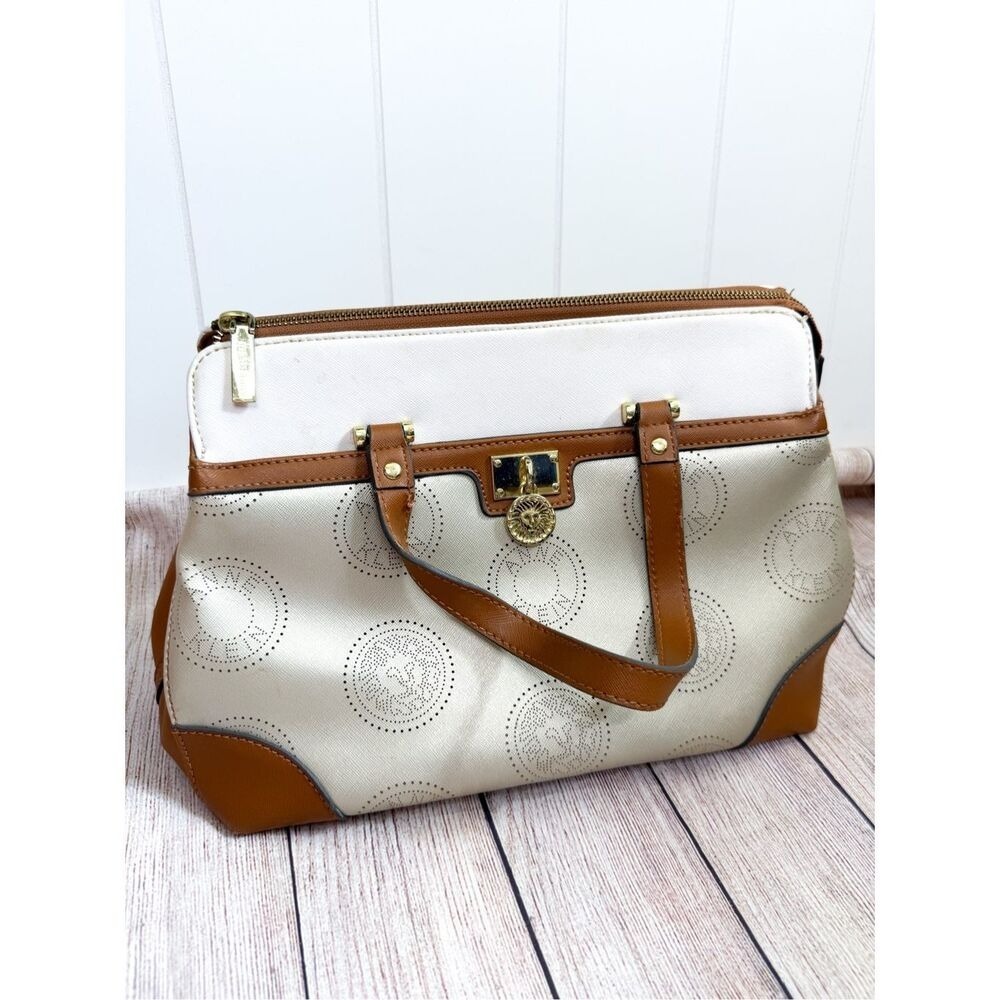 Anne Klein Vintage White andβ Tan Brown and Gold Satchel Bag